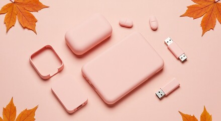 Peach colored technology gadgets and fall leaves on a matching background flat lay