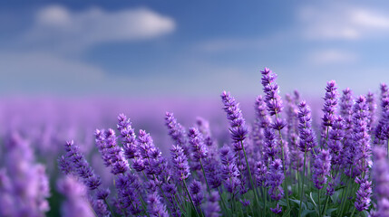 Fototapeta premium Lavender Field: A picturesque view of lavender field, kissed by a clear blue sky dotted with soft, wispy clouds. The soft purple flowers create a stunning vista.