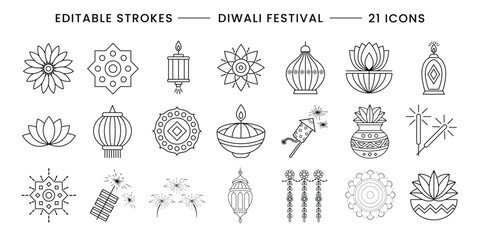 Vector icon set for celebration happy Diwali. Editable strokes and outline styled icons of Diwali festival.