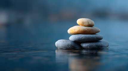 Stone Arrangement in Serenity: A stack of carefully balanced stones stands in tranquil, shallow water, demonstrating stillness and serenity in a calm environment. 
