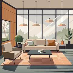 Modern Living Room Interior Design with Large Window and Cozy Atmosphere