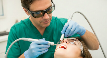 A dentist wearing protective green glasses uses a dental laser or UV curing light on a patient