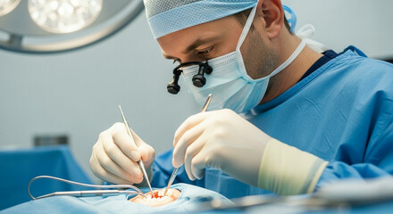 A male dental surgeon wearing magnifying loupes focuses intently while performing a complex oral surgery.