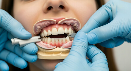 A patient wearing a cheek retractor for a teeth whitening or cosmetic dentistry procedure