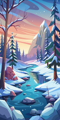 Winter Wonderland. Serene River and Snowy Mountains