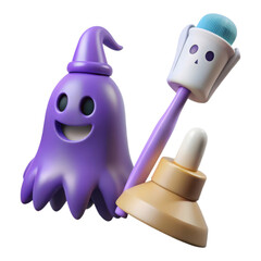 Cute cartoon purple ghost wearing a wizard hat with a dropper and toothbrush isolated on transparent background