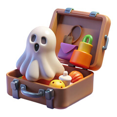 Cute cartoon ghost packing a suitcase with halloween treats and accessories isolated on transparent background