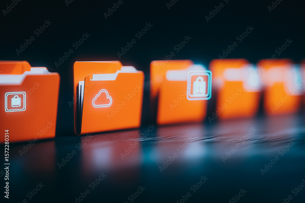 Poster digital data security: orange file folders displaying data protection and cloud storage symbols, set