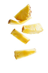 Fresh Pineapple Slices Falling, Isolated on Transparent PNG, Vibrant Yellow