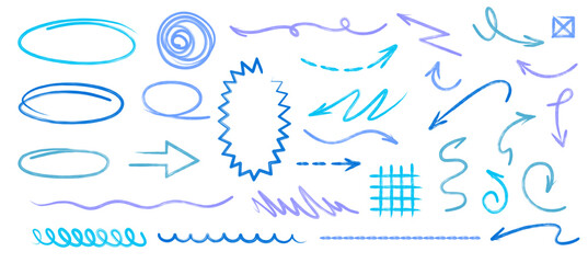 Cyan gel pen arrows and round shapes with glossy highlights and crisp outlines for modern layout compositions
