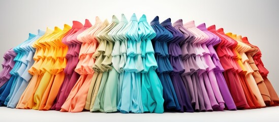 colorful, vibrant, assorted, hanging, hanging clothes, dresses, skirts, blouses, shirts, various colors, rainbow palette, gradient, fashion, apparel, textile, cloth, studio photography, clean backgrou