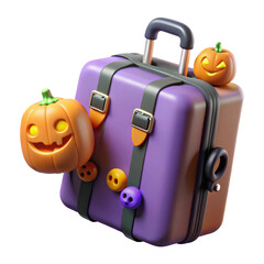 Cute halloween pumpkin characters on a purple travel suitcase isolated on transparent background