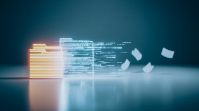 Digital Data Transfer: A captivating image showcasing the seamless transfer of data, with a glowing file folder, streams of binary code, and floating document symbols. - Powered by Adobe