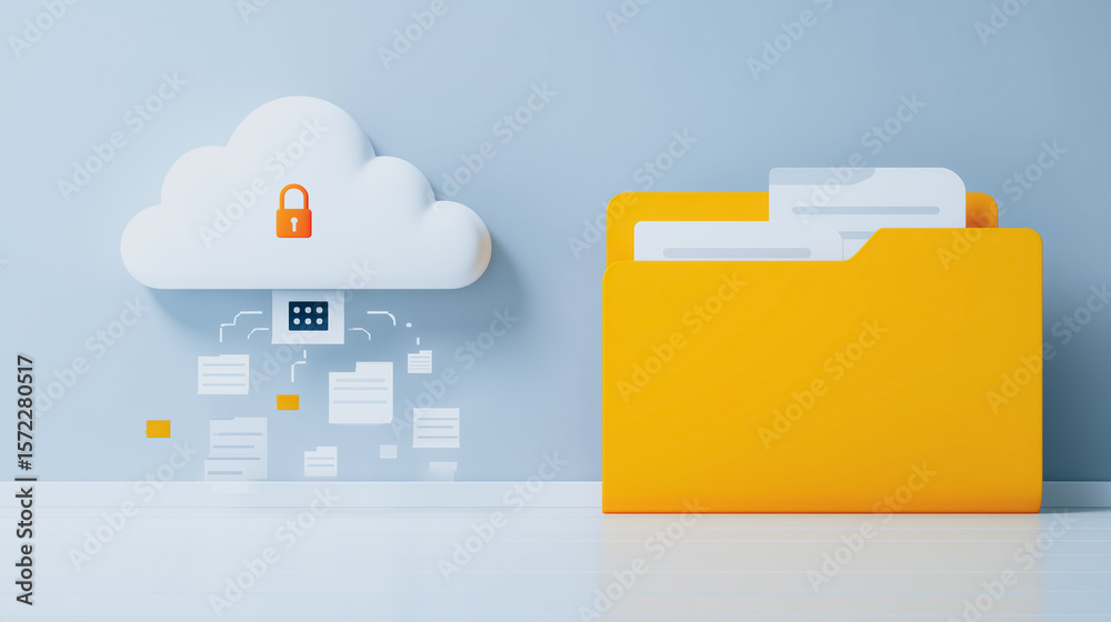 Poster cloud data security: secure digital data storage concept featuring a digital cloud with lock symbol 