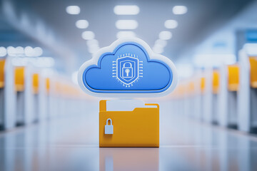 Digital Fortress: a conceptual image that embodies the security of data storage. A digital cloud with a shield icon, symbolizing robust protection, hovers above a locked folder.