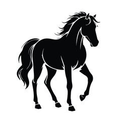 Obraz premium Black silhouette of a horse in a walking pose against a plain white background. Silhouette of a horse in motion, showcasing its form and mane.