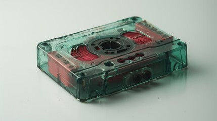 Obraz premium Green and red retro music tape on a white surface. Captured in a studio.
