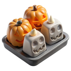 Cute halloween pumpkin and ghost shaped candies on a tray isolated on transparent background