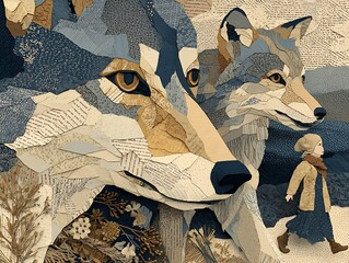 Collage-style forest scene with child and five wolf cubs, handmade textures