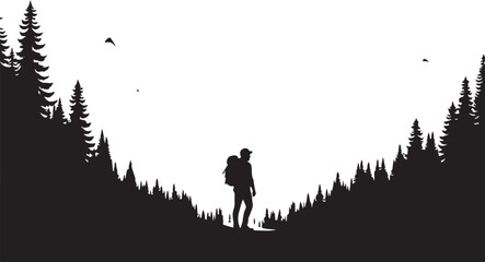 Obraz premium Into the Wild: Lone Hiker's Journey Through Pine Forest Valley