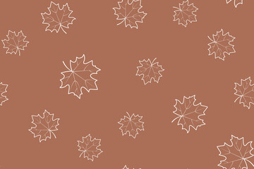 Maple leaves isolated on a brown-orange background. White outline drawing. Seamless pattern under clipping mask, convenient for editing. Autumn background for paper, textile, gift wrap.