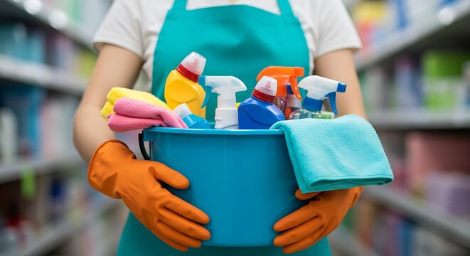 Organized cleaning kit: colorful supplies in a blue bucket, carried by a gloved person.

 - Powered by Adobe