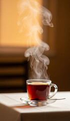 Relaxing moment with hot tea in glass cup, warm atmosphere and visible steam