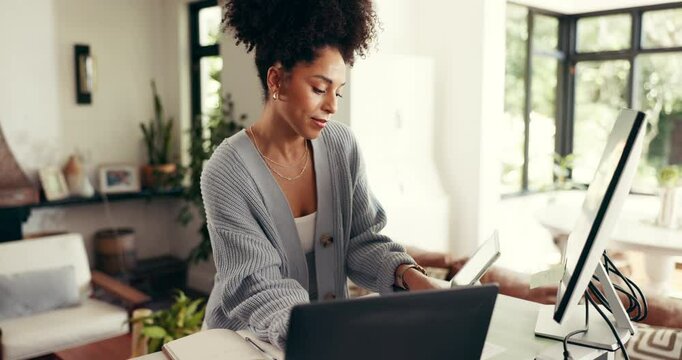 Online, employee and woman with documents, home office and financial report for freelance project or technology. Read, plan and person with laptop for remote work, paperwork or accountant with budget