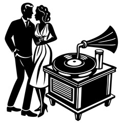 Romantic Evening Silhouette – Vintage Record Player, Wine, and Slow Dance

