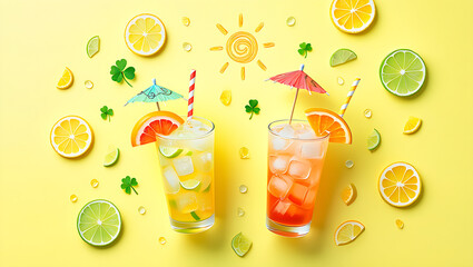 Refreshing citrus drinks with ice and fruit slices on yellow background