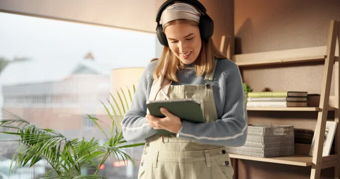 Student, headphones and music with tablet, drawing and dance for education and prepare for project. Home, smile and Gen z woman with tech, digital art and studying for design and elearning podcast
