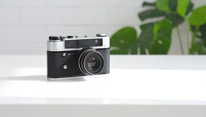 Vintage camera on white surface, plant backdrop