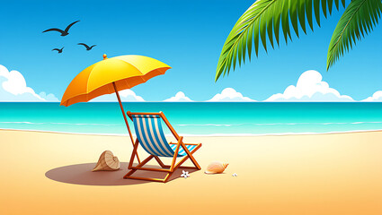 Relaxing beach scene with deck chair umbrella seashells and palm fronds