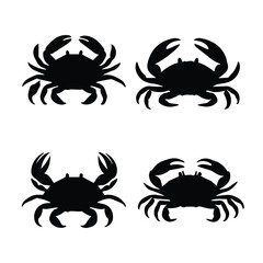 Four crab silhouettes in a design format. Four simple crab shapes in a black and white silhouette.