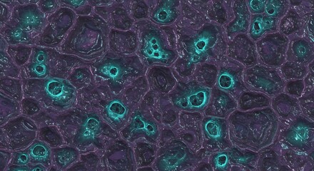 Fototapeta premium Dark purple glossy organic texture with numerous irregular glowing tealblue celllike pockets