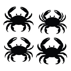 Crab silhouettes in a symmetrical arrangement against a white background. Simple, black silhouettes of crabs in a repeating pattern.
