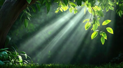 Shafts of light break through the canopy, bathing the green foliage in a warm, soft glow.