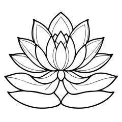 Lotus flower design in black and white. Detailed illustration of a lotus flower with intricate line work against a plain white background.