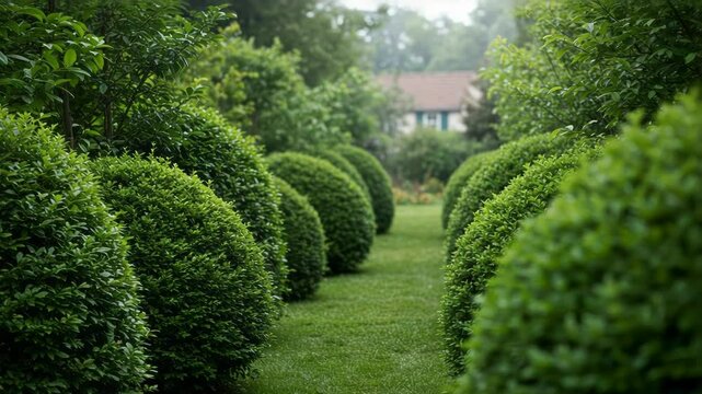 Perfectly trimmed topiary shrubs line a lush green lawn in a tranquil garden