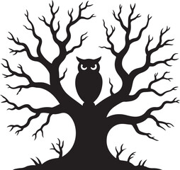 Haunted Tree With Owl Halloween Silhouette Vector