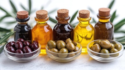 Colorful olive oils and olives