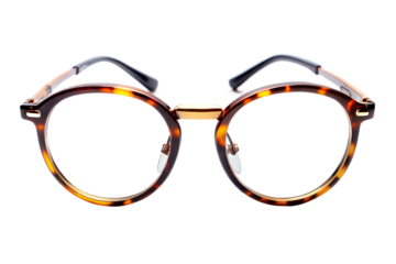 Round tortoiseshell eyeglasses sit against a transparent background, showcasing a blend of retro and modern style