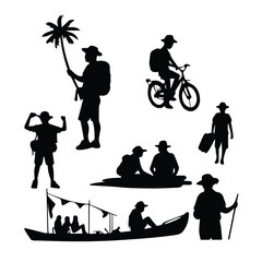 Adventurous adults and children in various outdoor activities like hiking, biking, boating, and exploring a tropical setting.