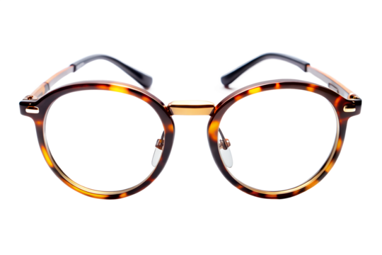 Round tortoiseshell eyeglasses sit against a transparent background, showcasing a blend of retro and modern style