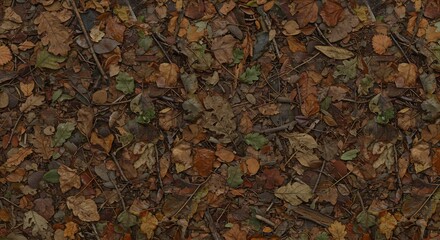 Dense textured ground cover of fallen autumn leaves brown ochre some green and twigs viewed from above