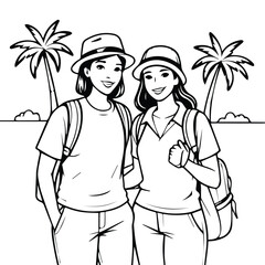 Two young adult women in casual summer attire, wearing hats and backpacks, stand together outdoors by palm trees.