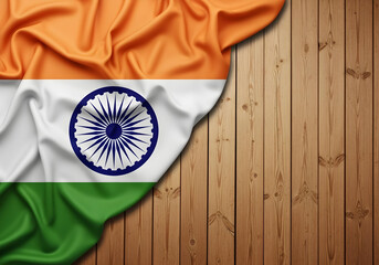 tricolor indian flag with ashoka chakra on a wood texture table. background concept for august 15th and january 26th.