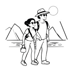 Young couple hiking in mountainous landscape. Walking together with backpacks and casual attire. Tourists enjoying the outdoors. mountain range location.