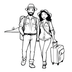 Happy couple hiking with luggage in a scenic landscape. Smiling adventurers strolling through the outdoors, holding hands and a suitcase, showcasing a joyful vacation.