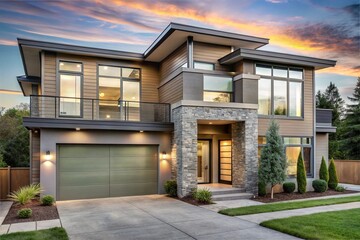 A modern, two-story house, designed in a contemporary style.  